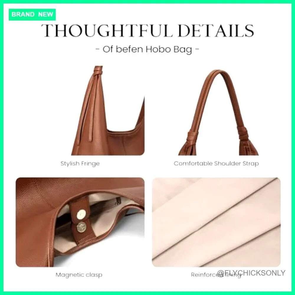 Genuine Leather Slouchy Hobo Tote Bag with Tassel Ribbon & Magnetic Closure